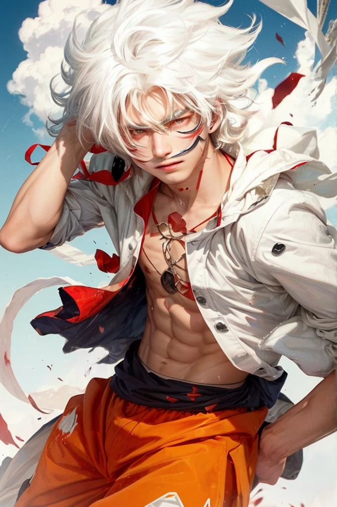 A boy with white hair and red eyes holding a thunder, on the sky