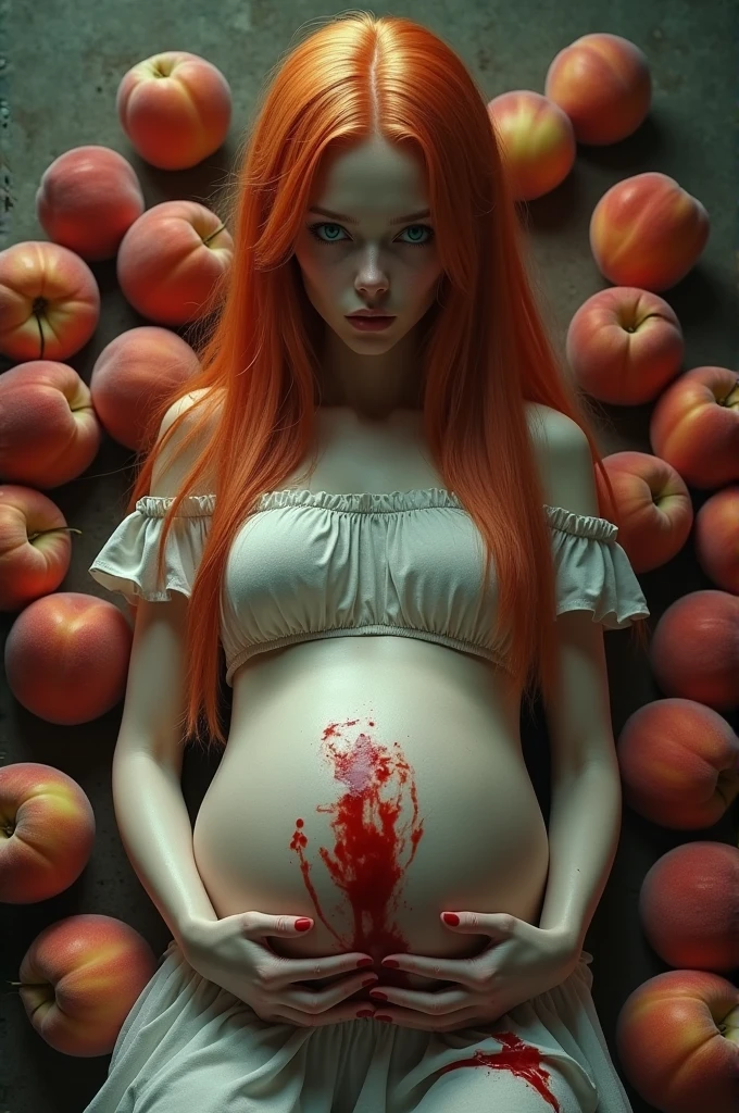 A self portrait of a skinny white naked red headed woman with a blank face painting on a blank portrait with blood with a fruit bowl with maggots coming out of the fruit in the background