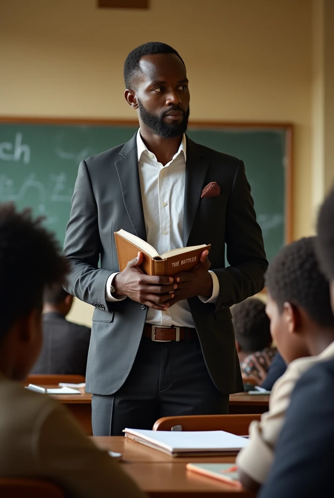 A young African teacher in a suit checks his students' notebooks in class with a book in his hand on which is written THE BETTER