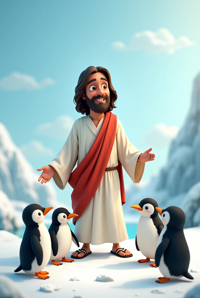 Jesus and cute penguins in animated image 
