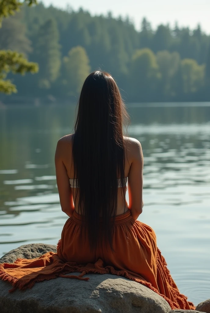 Long-haired Indian woman on the shore of a lake sitting on a rock