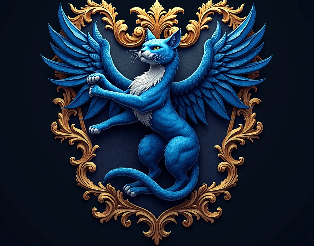 Create a coat of arms with the letters , " Bluecatbr " in high quality , for a motivational profile com um cat como símbolo épico símbolo único o melhor
