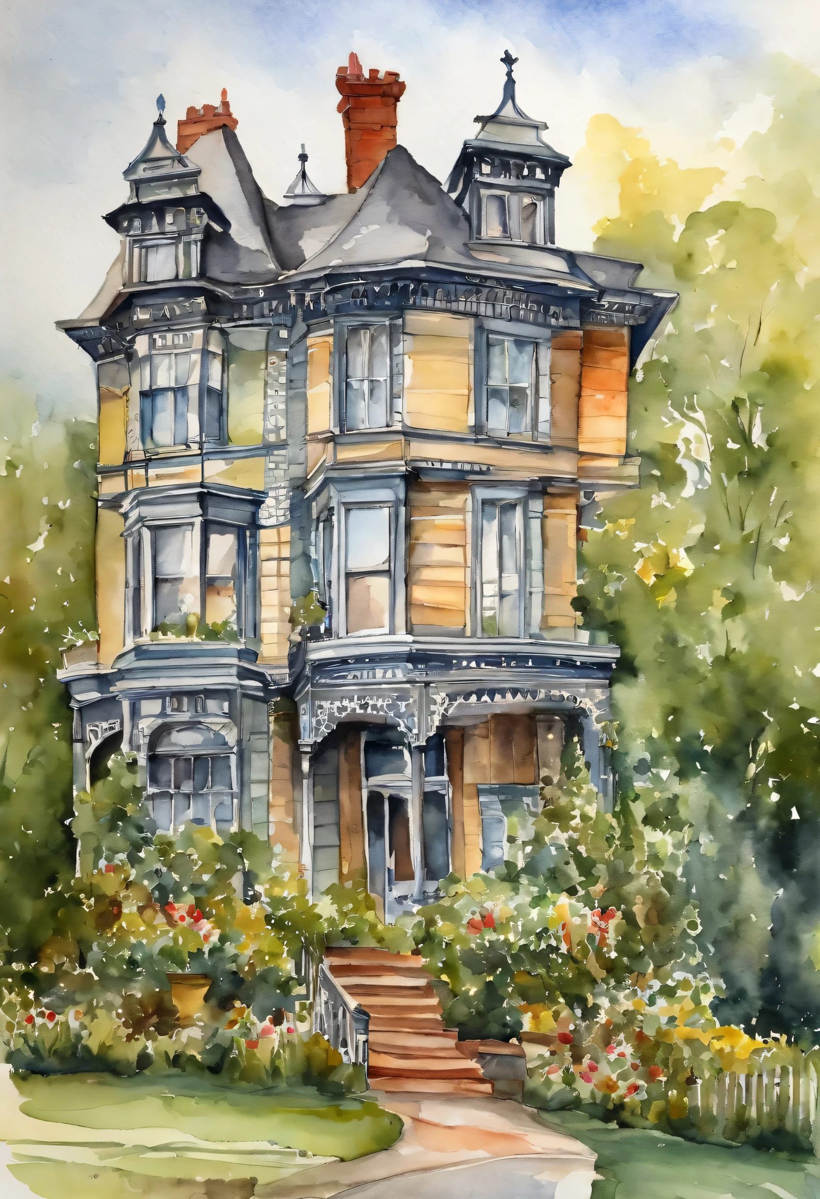 a 1900 Queen Anne style house, England, watercolor