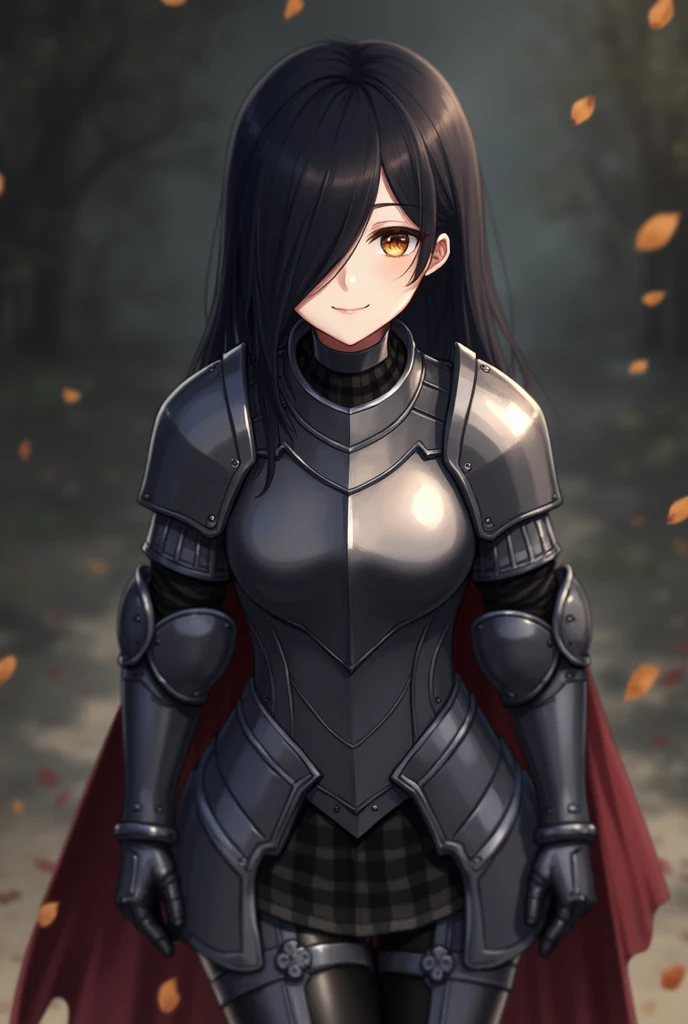 ((((Obra maestra, La mejor calidad, ultrahigh resolution)))), 1girl, happy, standing, ((wearing suit of armor)), (black hair, dark black hair over eye:1), long hair cut, pale skin, ((brown eyes)), ((glowing_eyes)), (((ultra detailed eyes:0.7, beautiful and detailed face, detailed eyes:0.9))), ((centered)), (wide shot), facing viewer, (((outdoors, darkness, falling leaves:0.9))), medium breasts, looking at viewer, ((half closed eyes)), ((perfect hands)), (((head:1, arms, hips in view, elbows, thighs, in view))), ((hands at sides)), lively eyes, beautiful lighting, outside, outdoors, background, ((defined subject)), 25 years old, (head tilt), (((cool))), ((lively)), (((high contrast))), smug