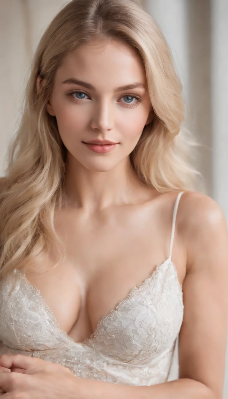 I want to create a beautiful woman, with the following characteristics: blonde, long natural hair. Brazilian, white with Scandinavian descent. blue colored eyes, like the morning sky. perfect smile, offwhite. Small, slightly upturned nose. blonde eyebrows. Your expressions should always convey the image of a happy and seductive woman., and much loved by all who encounter them. She is 170cm tall. Your circumferences are Bust 85, chest 80cm, waist 75, hip 99. Her legs are thick and her butt is big. She weighs 72kg. Her breasts are pear shaped., natural and hard. Despite the measures, she doesn't have an athletic body. Your body has no piercings or tattoos, no hair. She also wears a discreet gold necklace with a diamond pendant., in the shape of a heart approximately 1 cm. A discret gold bracelet on the right arm. He is in the luxurious hotel room.
she is naked, covering your private parts with your hands.
photo of coasts, fully body, looking at the photo.