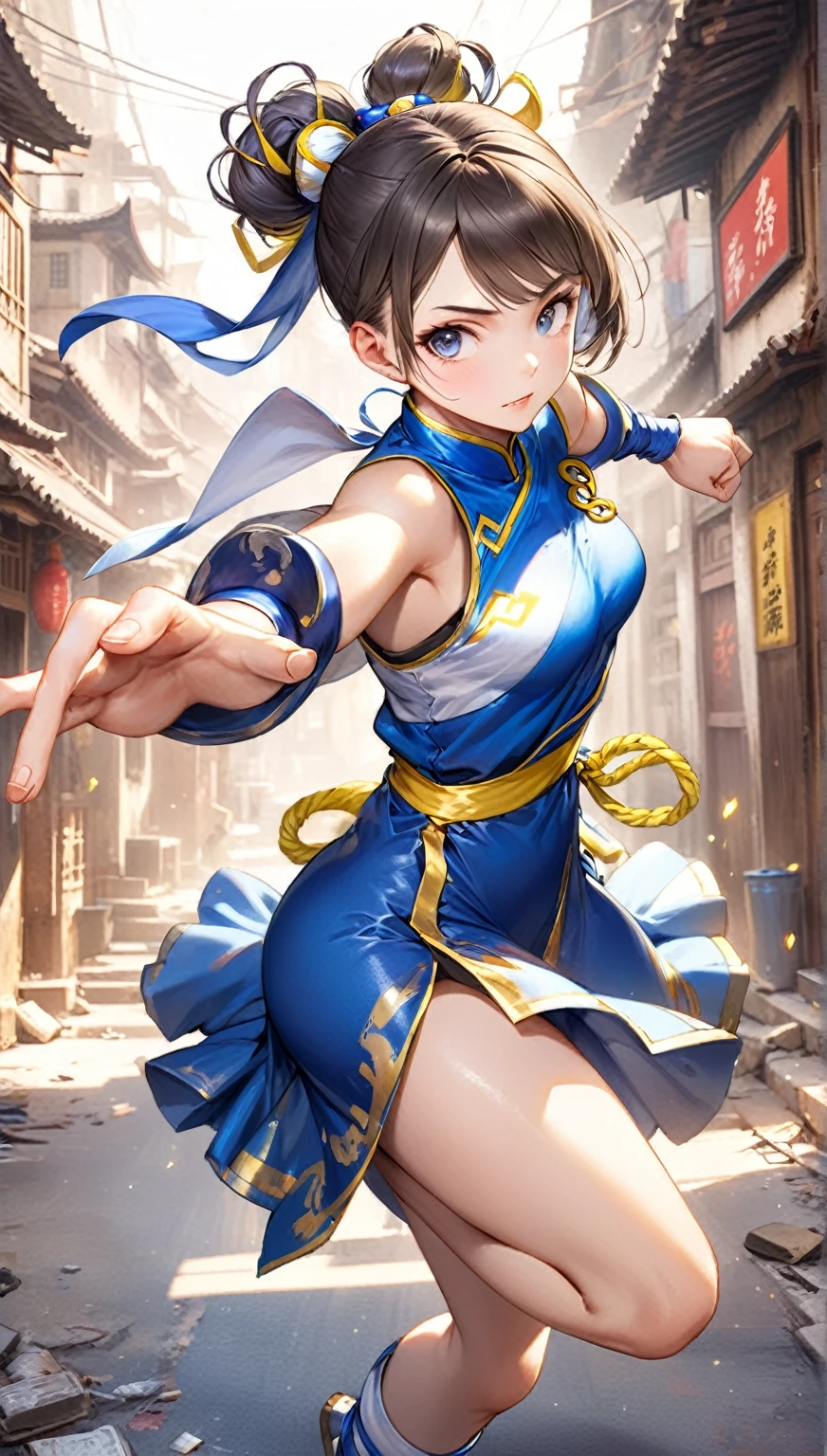 (Highest quality,8k,32K,masterpiece,Ultra-high resolution :1.2 ),born,One girl,Super cute,Natural light,Clear, shining eyes,20-year-old,Fair skin,A fantasy background of an abandoned Chinese town in an electronic world,Street Fighter Chun-Li's hairstyle,chun li hairstyle,Chun-Li's Outfit,Chun-Li's Outfit,Large Breasts,Kicking pose,Kicking,Good at footwork,大きな胸,