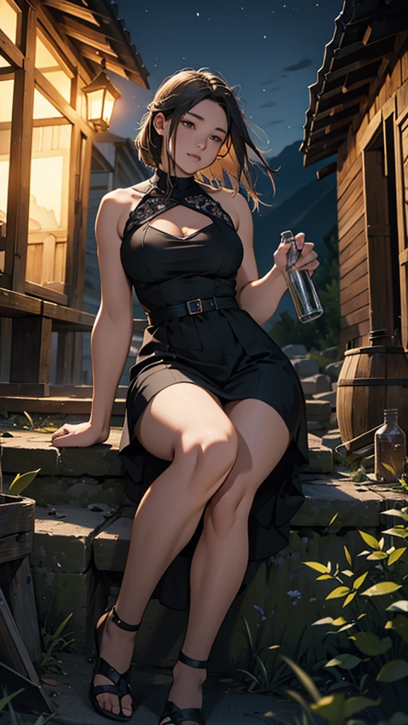 A young woman is sitting outside an old house on the mountain, she is wearing a short dress, her hips are big, there is a fire burning, there are bottles of wine, it is night.