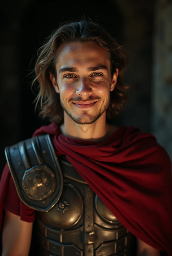 cinematic, aesthetic, roman soldier, smiling, clean shaven, without facial hair, young man, close-up, male, long hair, dramatic lighting, dark lighting, film grain, movie frame, 1990s, camcorder, portrait shot,