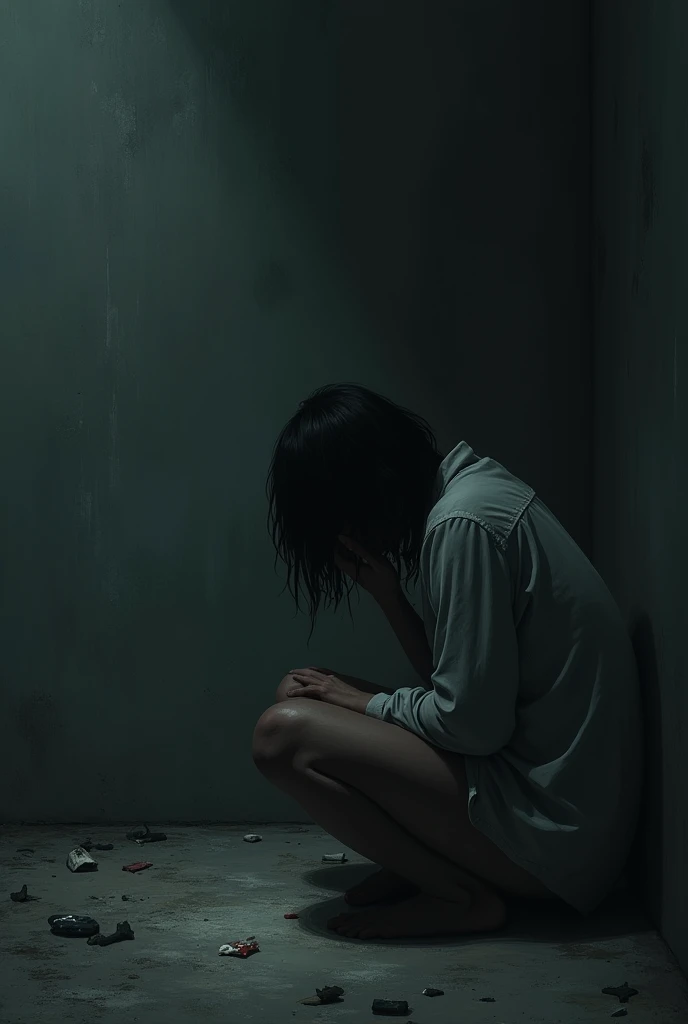 Draw me a picture of a person sitting in the corner, sad and in a dark place