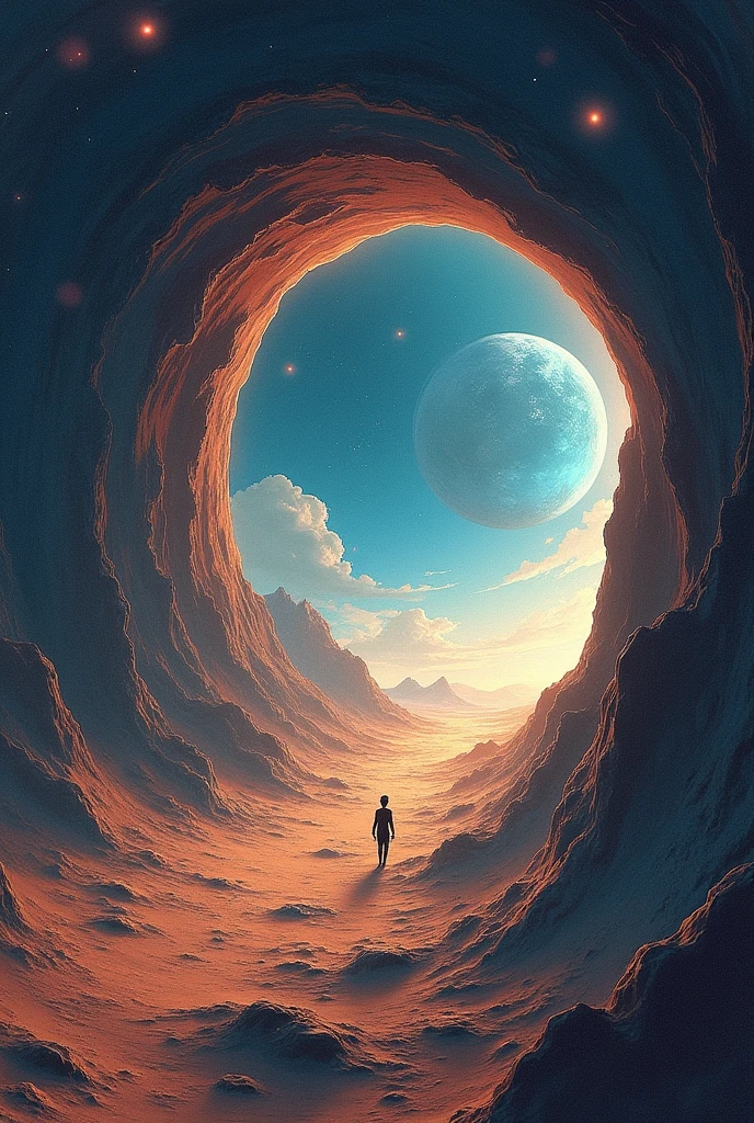 Create a drawing of the following scenario. The main obstacle is the mission itself: travel through a wormhole to explore potential habitable planets. besides, Time and relativity play against you, since each decision could have devastating consequences for the future of humanity and your family.