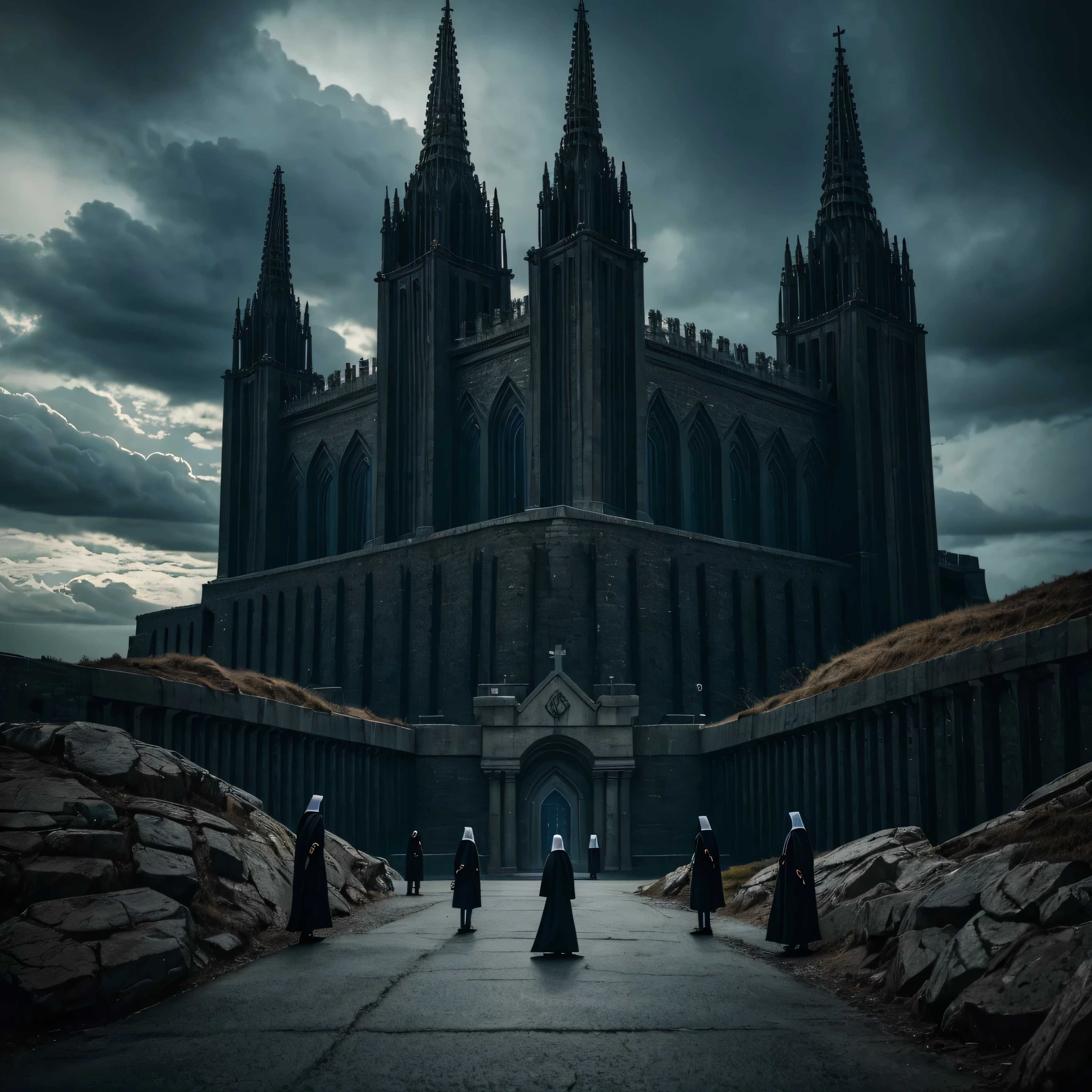 a futuristic cyborg prison on a brier cliff, nuns standing in front of it, catholic artistry, cinematic lighting, highly detailed, photorealistic, 8k, intricate details, dramatic shadows, moody atmosphere, ominous clouds, glowing technology, imposing architecture, religious iconography, soaring spires, buttressed walls