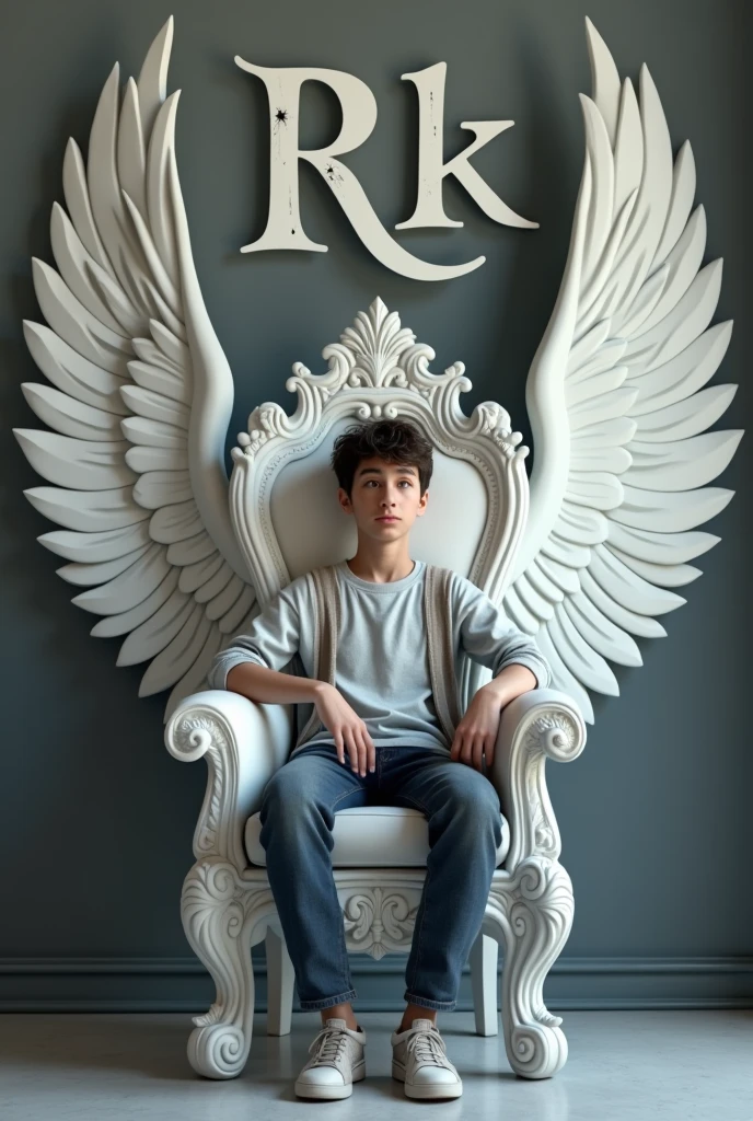 Create realstic image a 16 year old boy is sitting on a king chair with white wings and behim him the colour of the wall is gray on which ” Rk” Written in curve style.