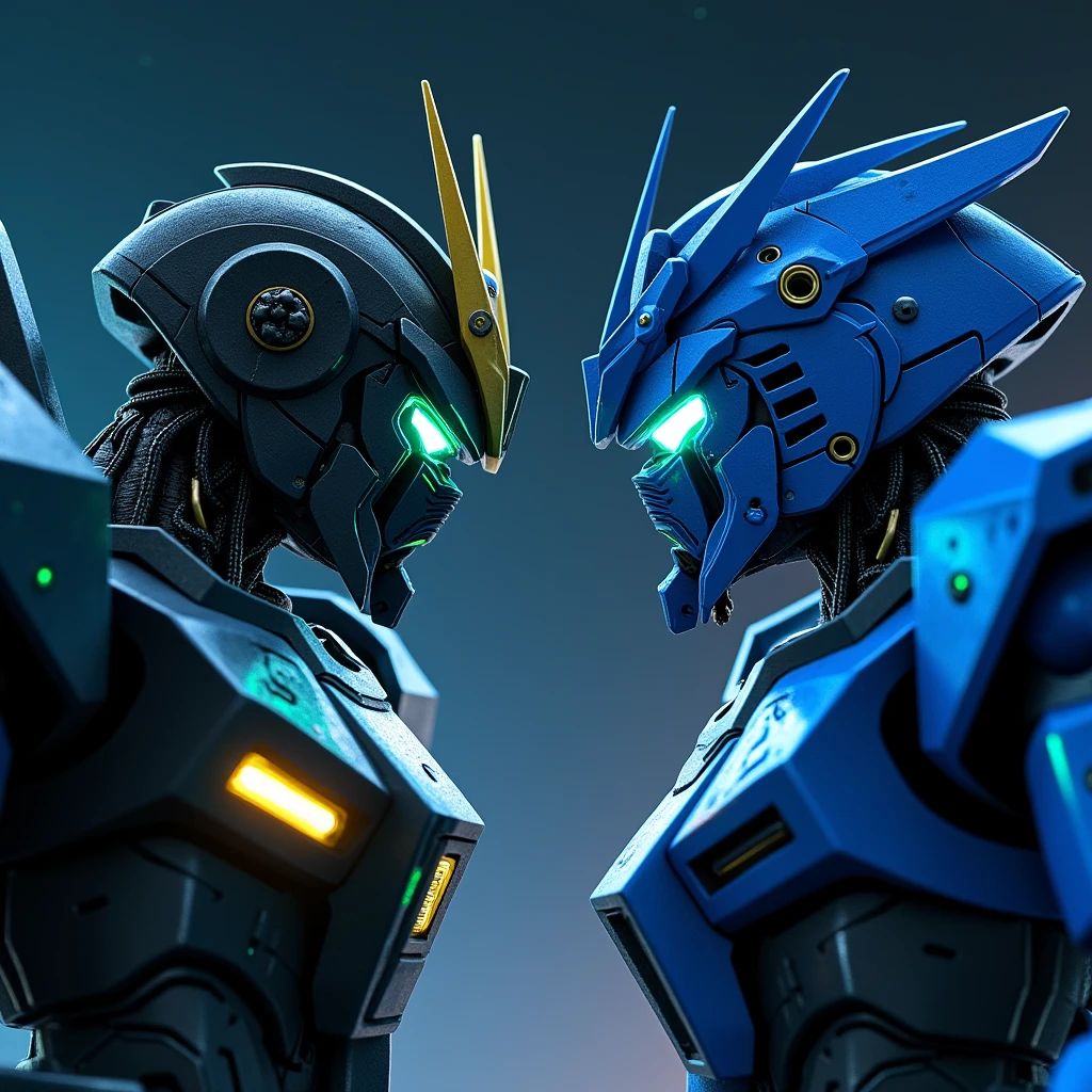 "Design an EDM cover art featuring two futuristic, highly detailed robots inspired by Gundam, facing off against each other. The first robot should have a dark, metallic black design with glowing green accents, while the second robot should be vibrant blue with white highlights and glowing blue accents. The scene should take place in a dark, starry space environment to create a dramatic and intense atmosphere. Focus on intricate mechanical details and a dynamic composition