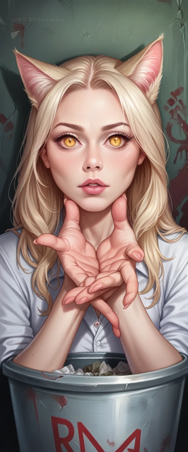 1girl, catgirl, stuck in trash can, beautiful detailed eyes, beautiful detailed lips, extremely detailed face, long eyelashes, beautiful detailed hands, detailed expression, realistic, photorealistic, photo-realistic:1.37, 8k, ultra-detailed, masterpiece:1.2, professional,vivid colors, dramatic lighting, cinematic angles, fantasy, surreal, digital art
