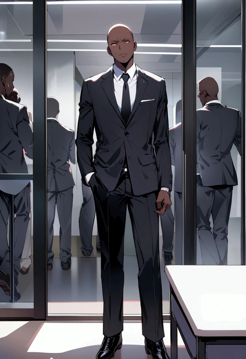 a black man in a black suit, standing, background a glass wall in a company room