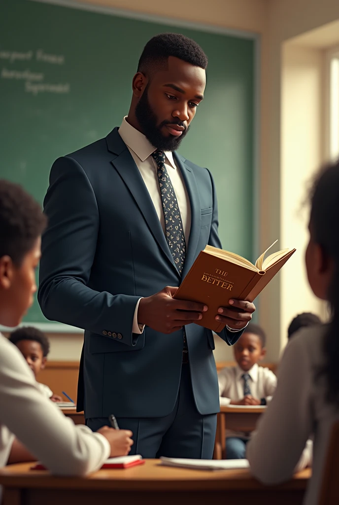 A young African teacher in a suit checks his students' notebooks in class with a book in his hand on which is written THE BETTER