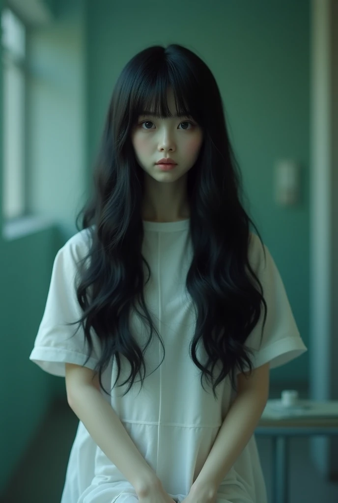 Taking pictures secretly、Hidden camera footage、Super Real、Exquisitely crafted Japanese semi-long black hair(((Stuffed Animal Girl)))、A white surgical gown made of thin, almost transparent material、Dimly lit human taxidermy studio、Abandoned Hospital、operating room