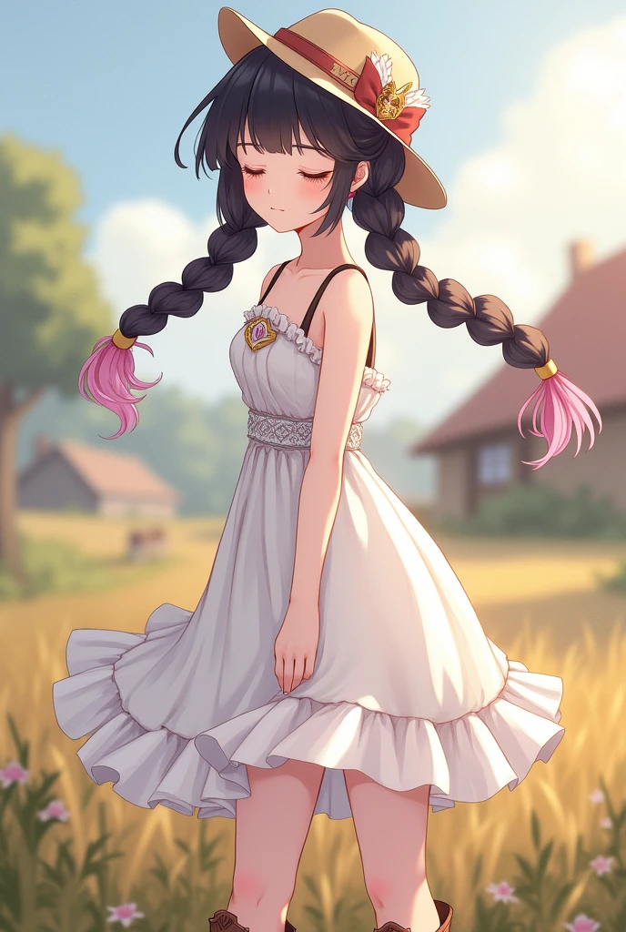 genshin impact game style, good quality, very aesthetic, proportional body, teenager, columbina /(:genshin impact:)/, long braided black low pigtails with pink color coming from the nape of the neck to the ends, white dress with spaghetti straps above the knees, country styled brown cowboy boots, country styled brown cowboy hat, pale skin, closed eyes, little smile, very small breasts, blurred background, countryside outfit