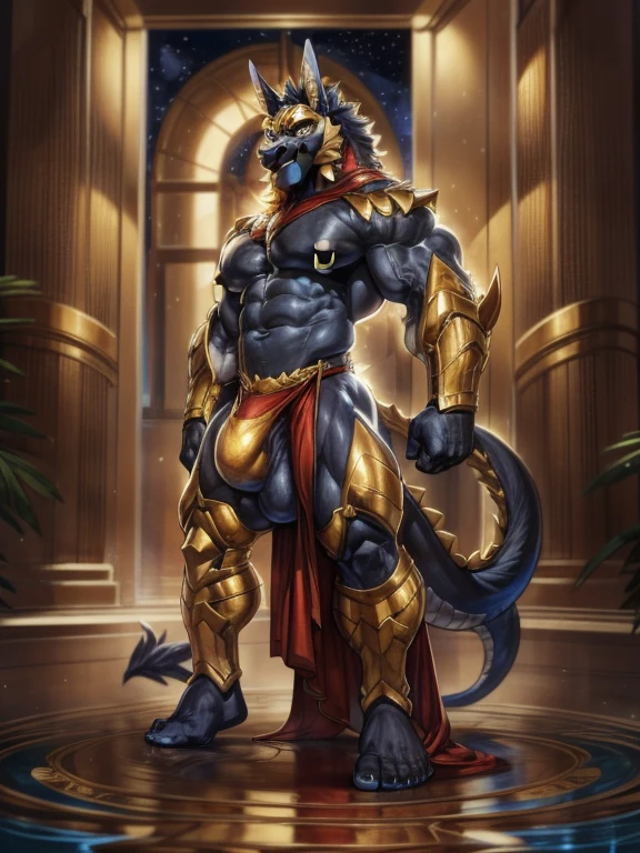 solo, male, Anubis, god, king, huge penis, huge balls, huge round pecs, big nipples, big nipples piercings, barely contained bulge, huge muscles, muscular, big shoulders, slim waist, ((detailed cloth, stars, muscular body)), (brown fur, majestic print), ((black body)), white mask, (gold helmet), glowing eyes, Dragon mask, detailed teeth, detailed face, detailed fluffy fur, detailed face, detailed eyes, gold accessories detailed body, robes, armor, detailed face, detailed eyes, dark blue slack pants, sash, gold trimming, armor, red undershirt, red shirt, full body, splash art, official splash art, arcana skin, splash art, (masterpiece, high quality, hi-res,8k), standing, close-view portrait, looking at viewer, indoor, happy expression, day, smirk, dynamic pose, by Kihu, by Darkgem, by Boosterpang, by Kazushifluff, by Zourik,