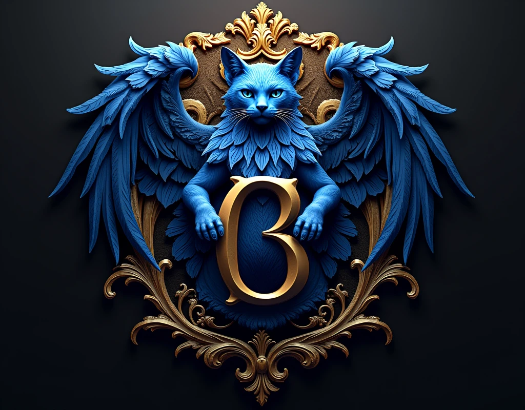 Create a coat of arms with the letters , " Bluecatbr " in high quality , for a motivational profile com um cat como símbolo épico símbolo único o melhor