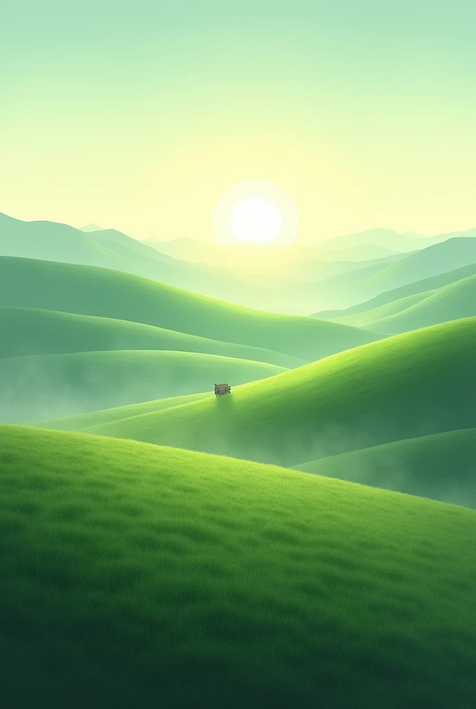 A peaceful, pastoral landscape at dawn, with soft light illuminating the scene and a gentle mist over rolling green hills.