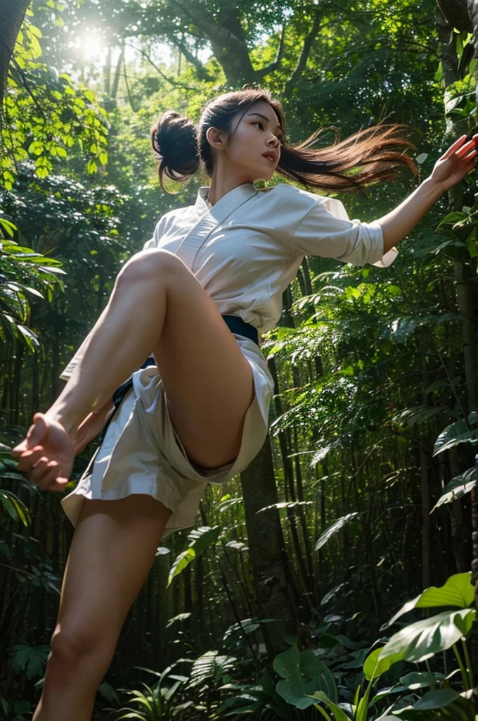An exquisite Indonesian woman with her hair in a bun, wearing a karate uniform, captured mid-air in a dynamic kick. The scene is set in a lush green forest, with sunlight filtering through the trees, creating a Tyndall effect. The composition utilizes a Golden Ratio Composition with the camera capturing a Cinematic Shot at a Low Angle View, emphasizing her powerful motion. The lighting combines Volumetric Lighting and Two-tone lighting, enhancing the epic atmosphere. The style is Cinematic, rendered in 8K Ultra HD with Ray Tracing for a hyperrealistic finish.