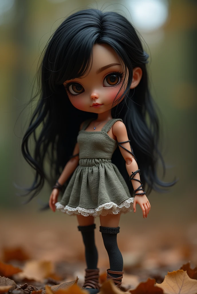((((Obra maestra, La mejor calidad, ultrahigh resolution)))), 1girl, happy, standing, (((doll knees, doll elbows, ((doll joints:1.2, action figure limbs:1.2, segmented body))), [mechanical body], (segmented waist), (doll waist), (black hair, dark black hair over eye:1), long hair cut, pale skin, ((brown eyes)), ((glowing_eyes)), (((ultra detailed eyes:0.7, beautiful and detailed face, detailed eyes:0.9))), ((centered)), (wide shot), facing viewer, (((outdoors, darkness, falling leaves:0.9))), medium breasts, looking at viewer, ((half closed eyes)), ((perfect hands)), (((head:1, arms, hips in view, elbows, thighs, in view))), ((hands at sides)), lively eyes, beautiful lighting, outside, outdoors, background, ((defined subject)), 25 years old, (head tilt), (((cool))), ((lively)), (((high contrast))), smug