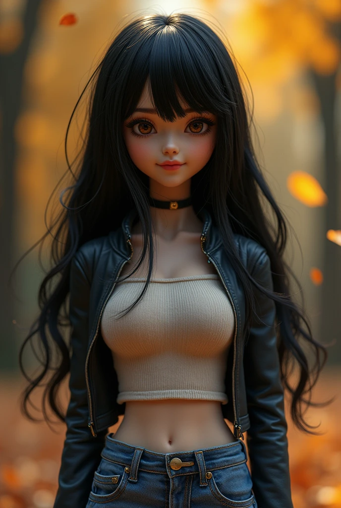 ((((Obra maestra, La mejor calidad, ultrahigh resolution)))), 1girl, happy, standing, (((doll knees, doll elbows, ((doll joints:1.2, action figure limbs:1.2, segmented body))), [mechanical body], (segmented waist), (doll waist), (black hair, dark black hair over eye:1), long hair cut, pale skin, ((brown eyes)), ((glowing_eyes)), (((ultra detailed eyes:0.7, beautiful and detailed face, detailed eyes:0.9))), ((centered)), (wide shot), facing viewer, (((outdoors, darkness, falling leaves:0.9))), medium breasts, looking at viewer, ((half closed eyes)), ((perfect hands)), (((head:1, arms, hips in view, elbows, thighs, in view))), ((hands at sides)), lively eyes, beautiful lighting, outside, outdoors, background, ((defined subject)), 25 years old, (head tilt), (((cool))), ((lively)), (((high contrast))), smug