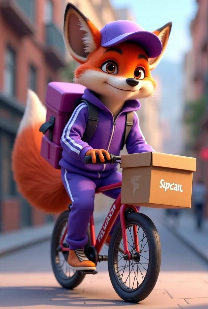 A disney pixar 4d style fox on top of a delivery bike wearing a purple delivery tracksuit and stylishly holding a delivery box and wearing a delivery cap for dropshipping store