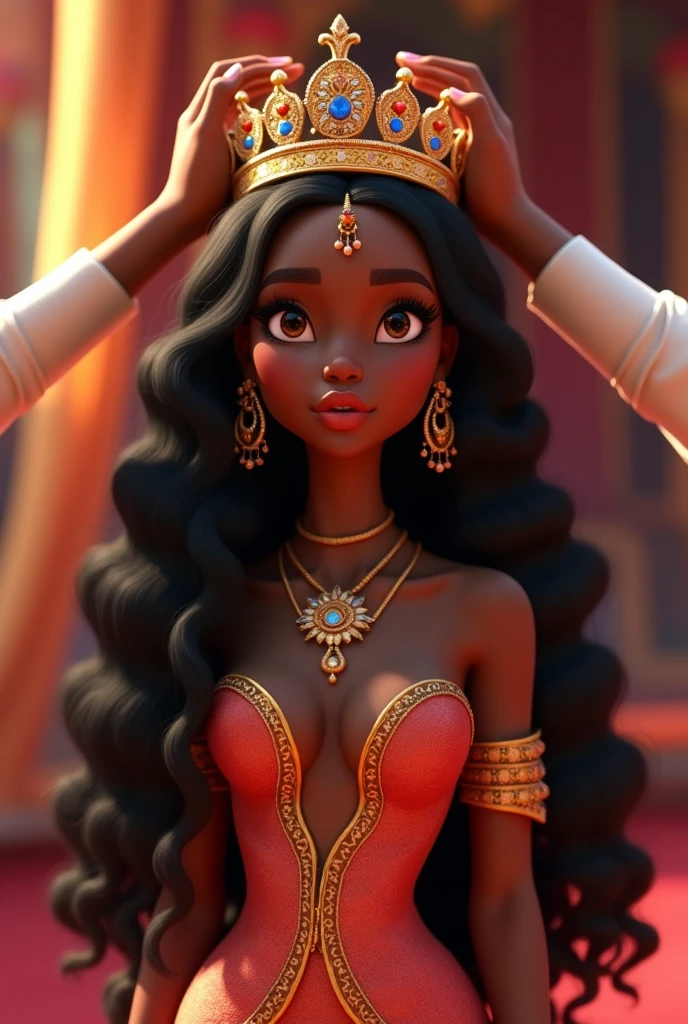 Stunning Princess Jasmine, black female, long curly hair, photo in 8k, Pixar style image, Excellent quality. A crown is being placed on your head.