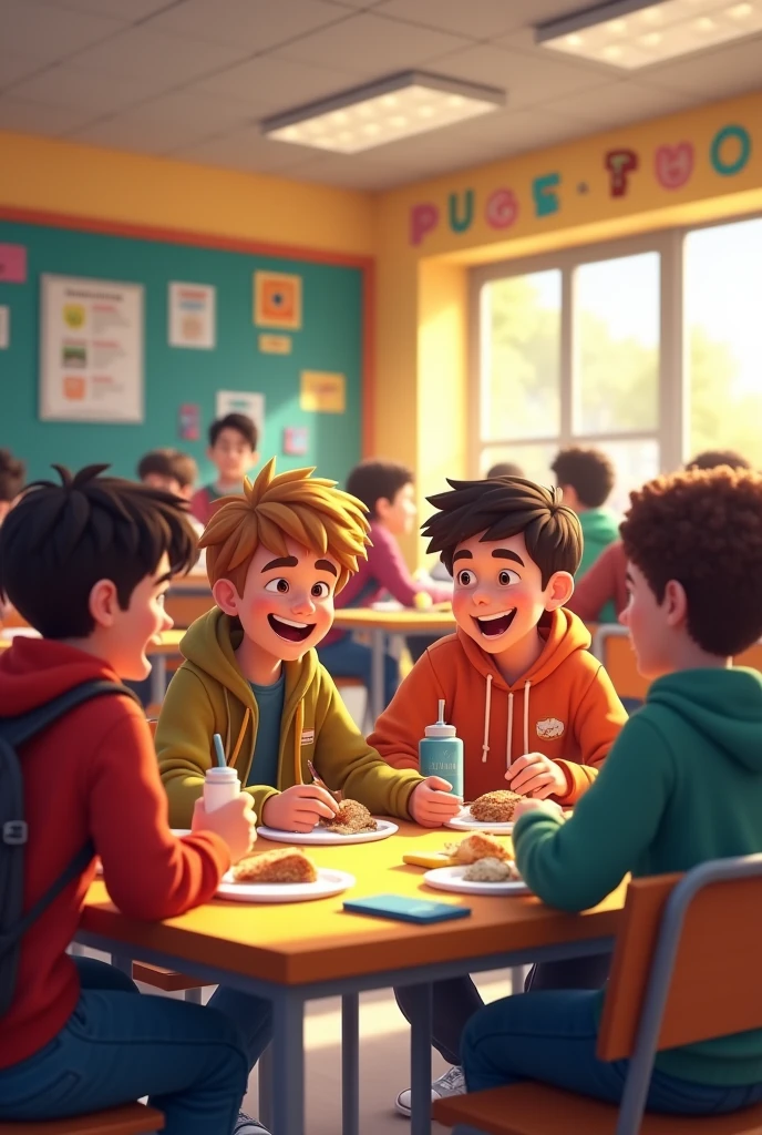Tim is having lunch in the school cafeteria. He is eating a sandwich and chatting with his friends. They are laughing and talking about the latest video games they are playing.