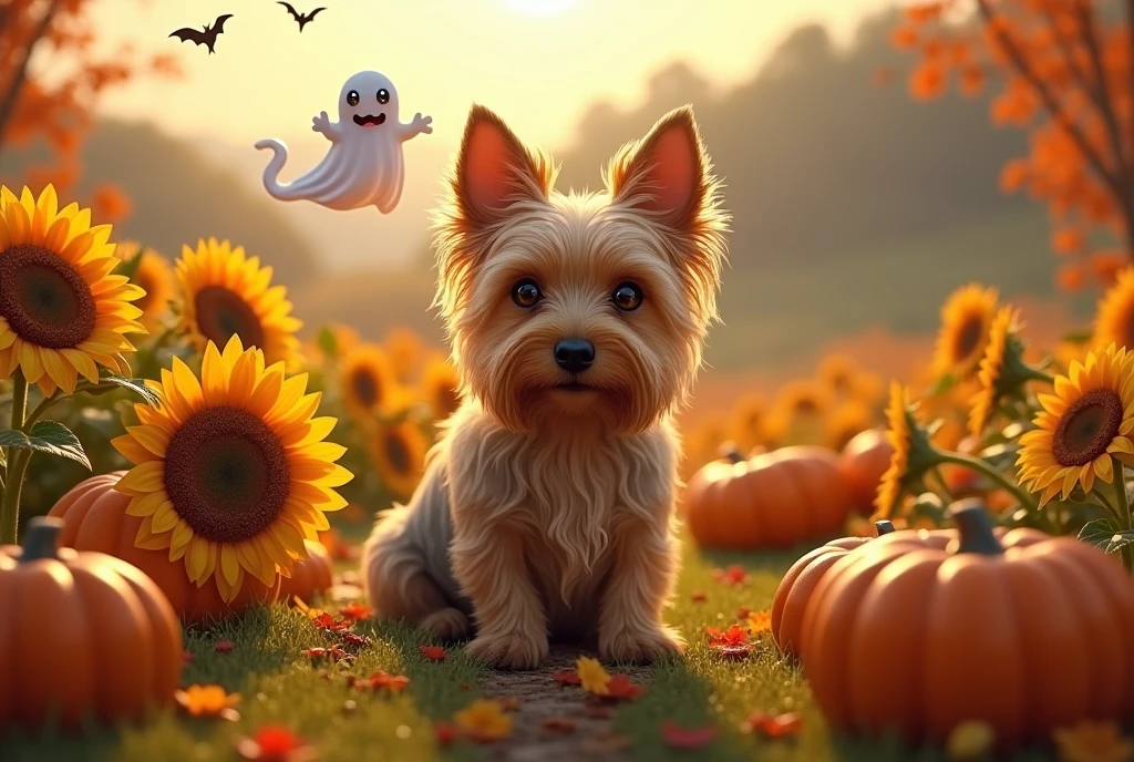 Yorkshire terrier, sunflowers, autumn, helloween, Pumpkins, specter, bat