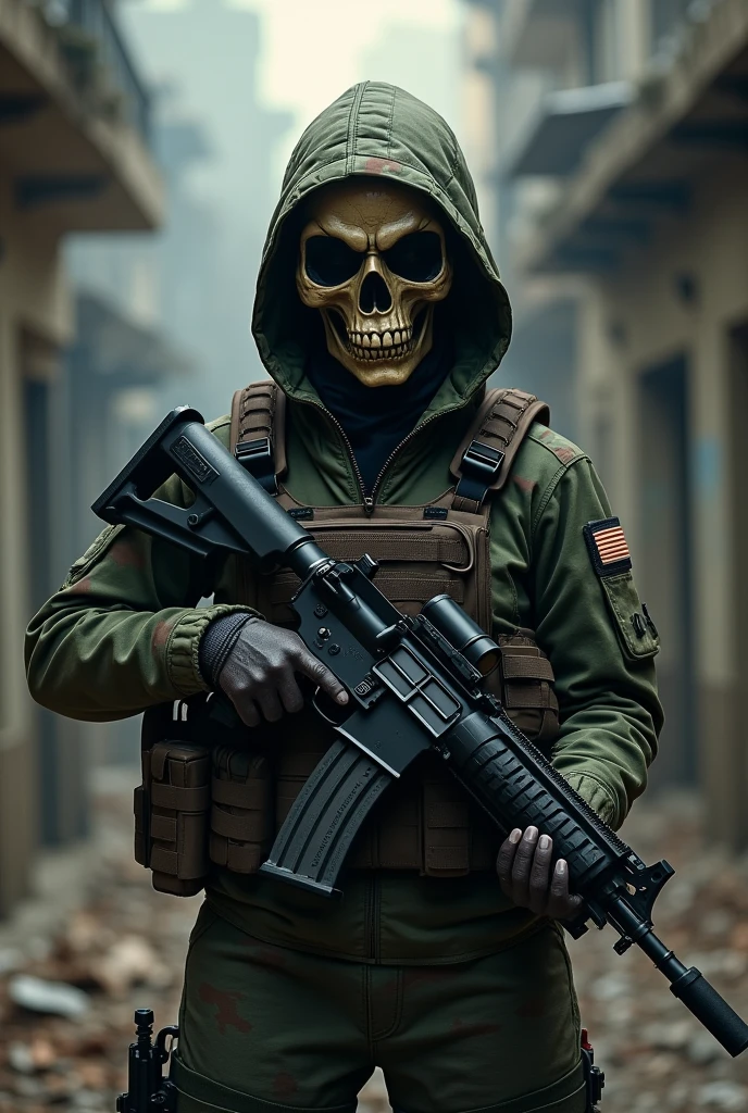 A female BOPE soldier with a skull mask covering her entire face holding a gun 
