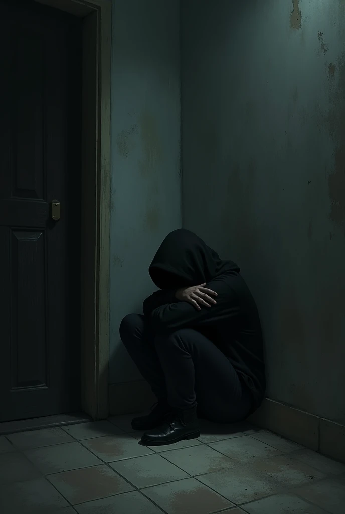 Draw me a picture of a dark room and someone sitting in the corner, crying