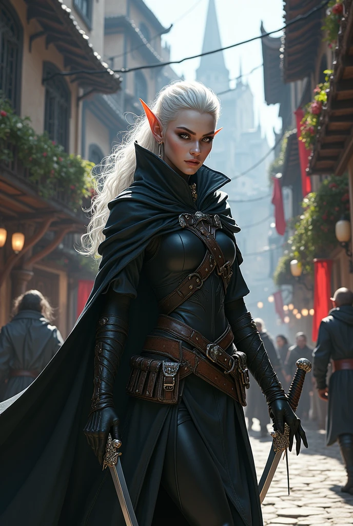 White elf with white eyes rpg rogue in city