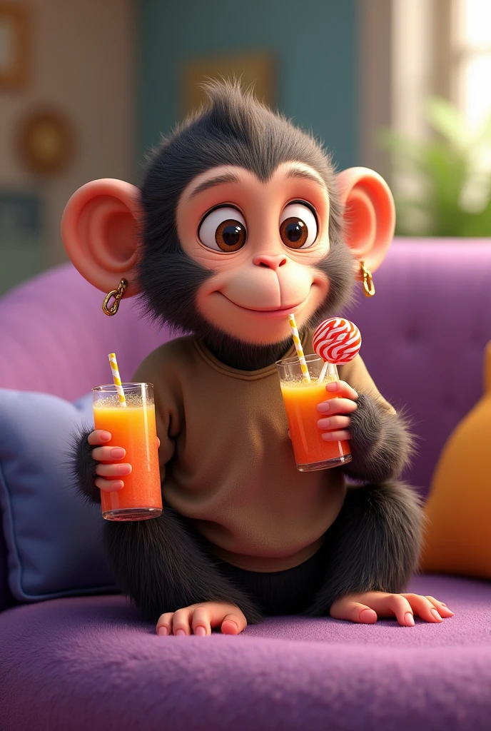 I want a monkey that is drinking juice from a box with its straw., who has a brown sweatshirt and an earring and in the other hand a candy lollipop sitting on a purple cushion