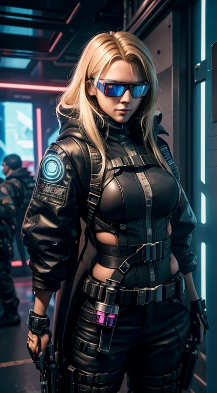 Cyberpunk Netrunner Caucasian woman with blonde unkempt hair, Netrunner vr hacking glasses and equipment strapped onto belts and harnesses and a computer hacker backpack. 80's cyberpunk style, night, grimdark, gritty, sci-fi. Dirty, cyberware circuit implants on face, cyberware robot arm. Sawed-off shotgun, body armor