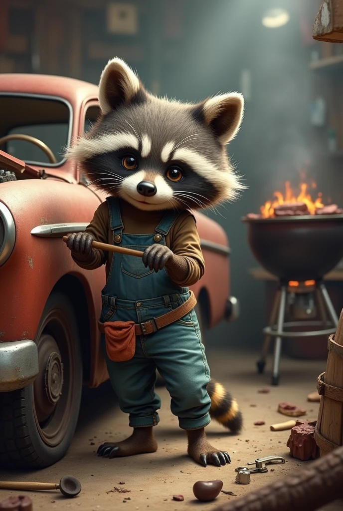 Raccoon in overalls repairing old cars while barbecuing