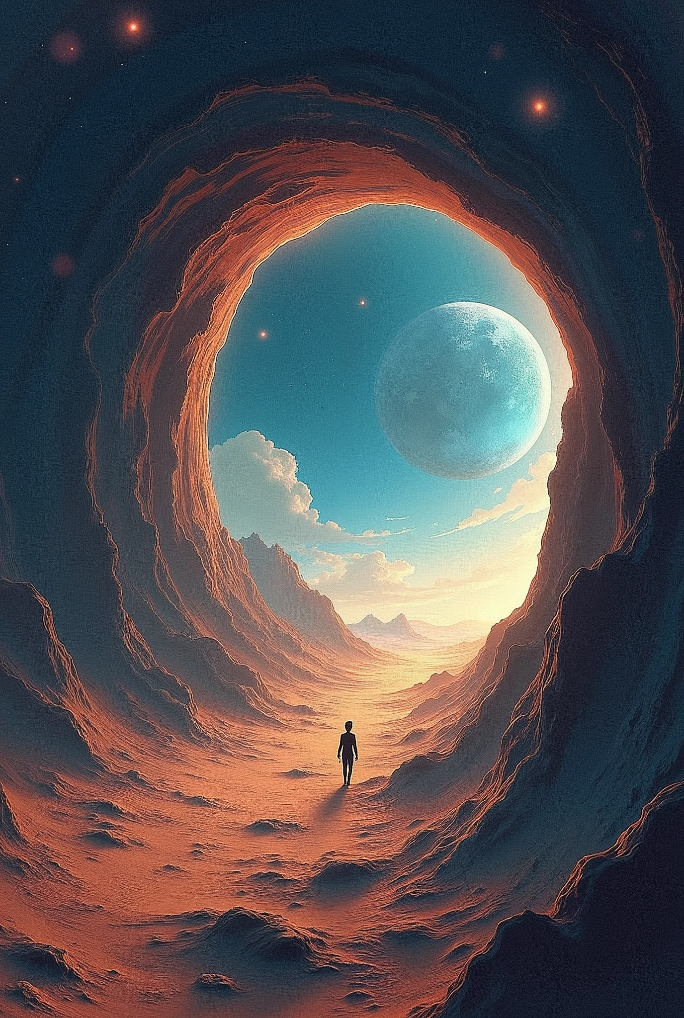 Create a drawing of the following scenario.                     The main obstacle is the mission itself: travel through a wormhole to explore potential habitable planets. besides, Time and relativity play against you, since each decision could have devastating consequences for the future of humanity and your family.