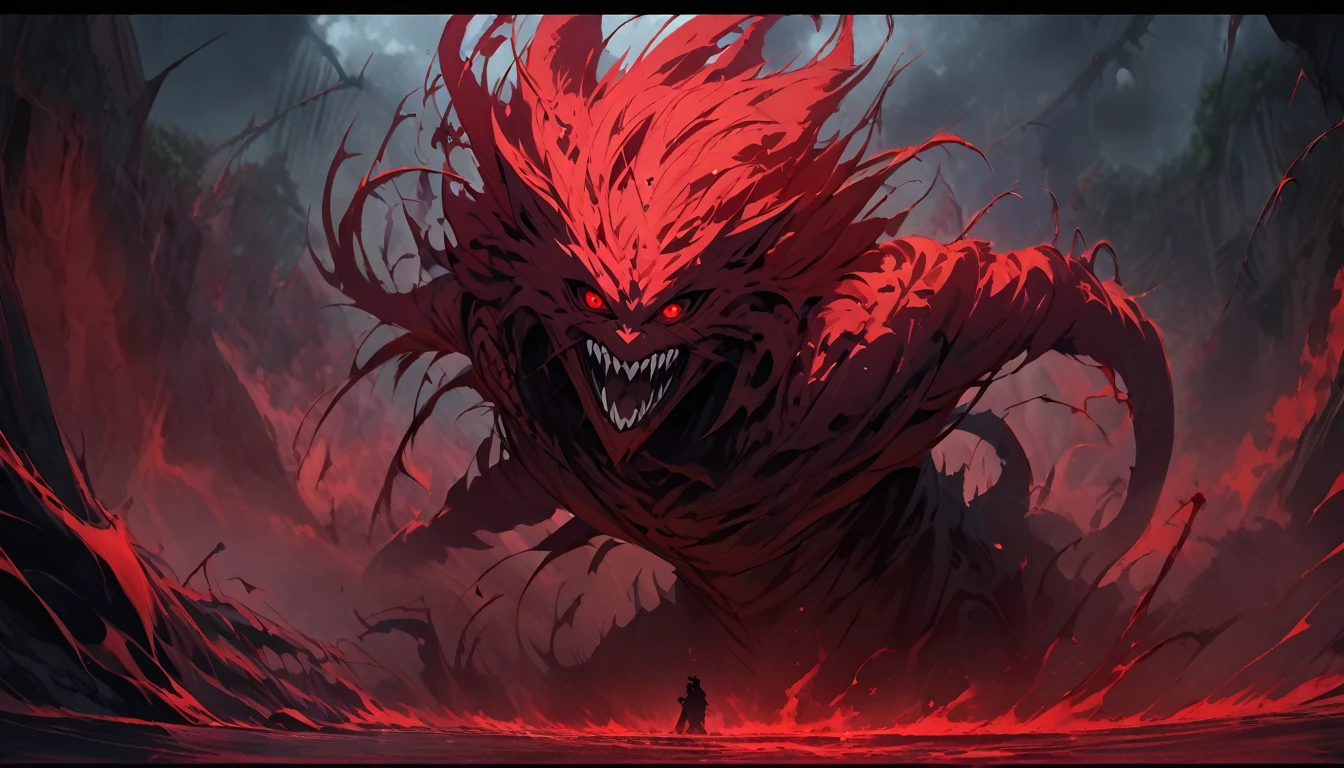 (best quality, 4K, high resolution, masterpart: 1.2), ultra detail,naruto converting in grotrsco wolf covered in red eyes. medium: oil painting, horror, night scene, dark atmosphere, sinister shadows, glaring red eyes, powerful presence, sharp teeth, raw fur, full moonlight, ominous mood, strange silhouette, supernatural presence, dense fog, ancient runes, whispering winds, mysterious atmosphere, untameable nature, sinister energy, suspense, terrible creatures, hint of danger, grotesque transformation, unleashing chaos and power, wickedly beautiful. score_9, score_8_up, score_7_up, source_anime wolf covered in eyes, eyes, red eyes, liquid, ((extra eyes)), dynamic, spooky smile, tentacled hair with red eyes, cel shading, red theme,(no humans),de perfil