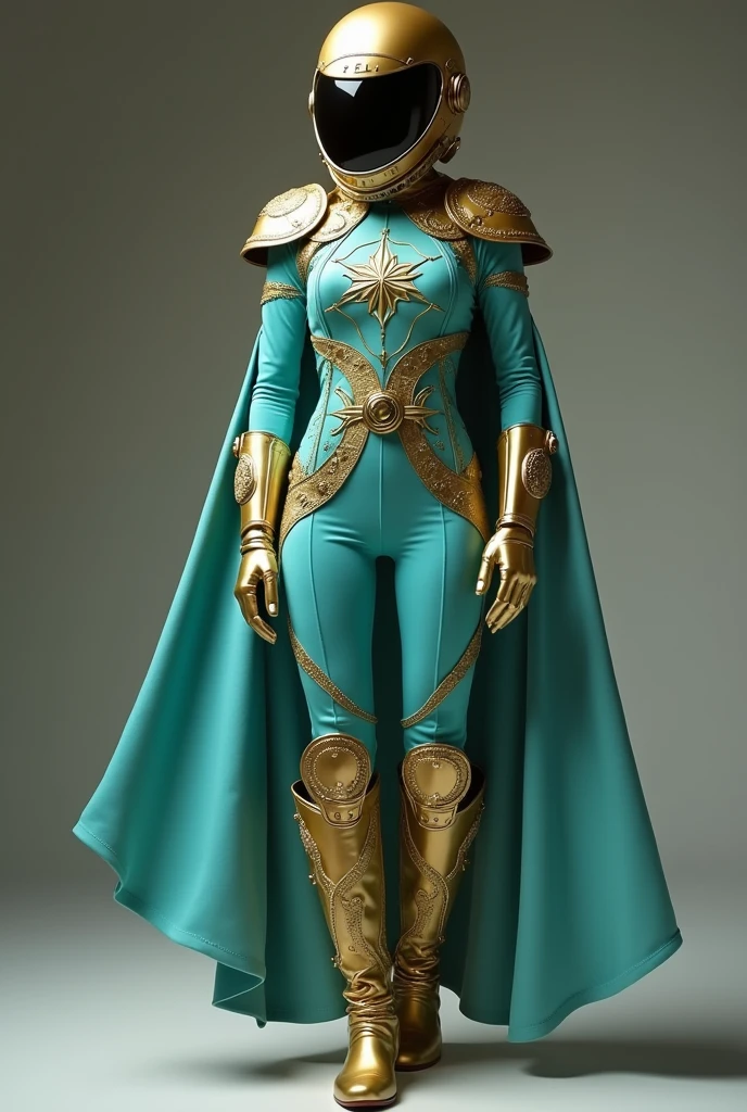This turquoise and gold space outfit is designed with exploration in mind, featuring intricate compass details throughout. The form-fitting bodysuit is complemented by a short cape, ankle-high boots, and elbow-length gloves, all adorned with compass motifs. A gold helmet or headpiece and a wide belt complete the look, blending the themes of adventure and luxury into a striking, futuristic ensemble.