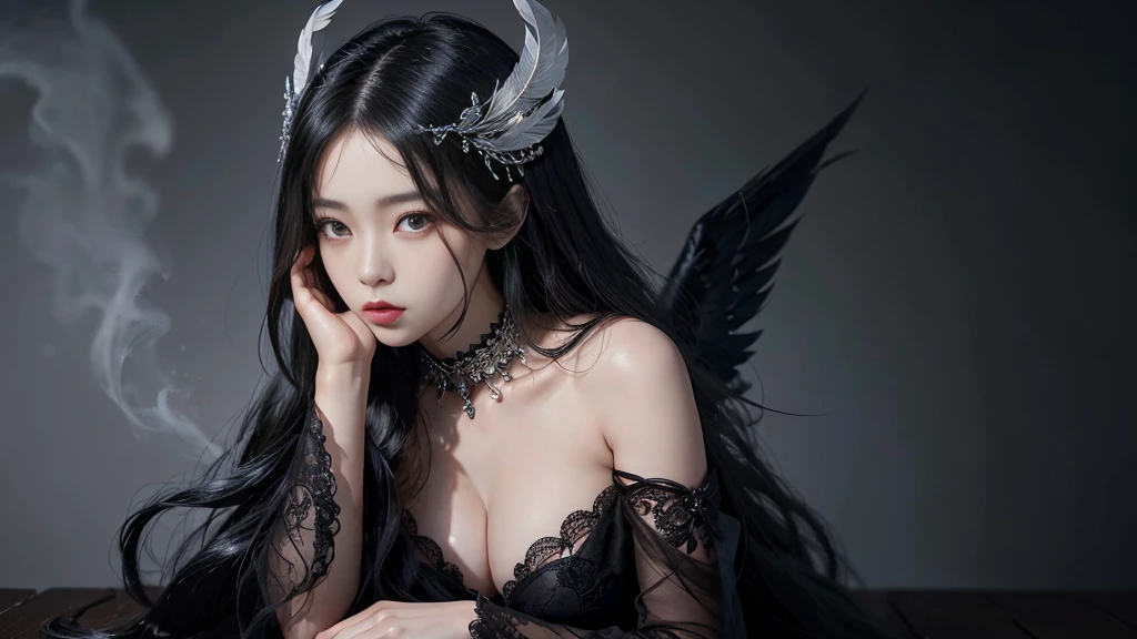 delicate Asian figure emanating ethereal beauty, adorned with six black wings, each feather detailed with intricate textures and glistening accents, captivatingly large breasts complemented by an impossibly slender waist and voluptuous hips, exuding a harmonious balance of strength and femininity, flowing straight black hair cascading like a waterfall, a quintessential Korean model's face featuring charming aegyo expressions juxtaposed with a captivatingly serious gaze, surrounded by softly illuminated mist for an otherworldly ambiance, rich with intricate details and vibrant contrasts, simple black lingerie