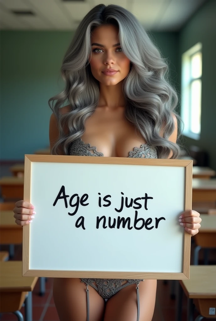 A beautiful youthful looking Hispanic version of a gray haired Selena Gomez as a 50 years old woma n with long her completely gray hair in a big curls styles as a supermodel wearing a Lingerie standi ng in a high school classroom holding a white boar d with text "I age is just a number" and showing it to the viewer