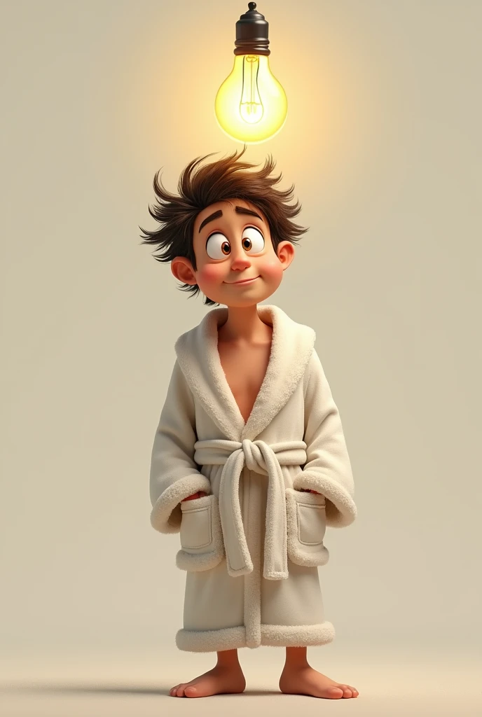 A light bulb above the head of someone who just woke up, with messy hair and in a bathrobe. The light bulb could be failing, blinking, as if it were a not so good idea.
