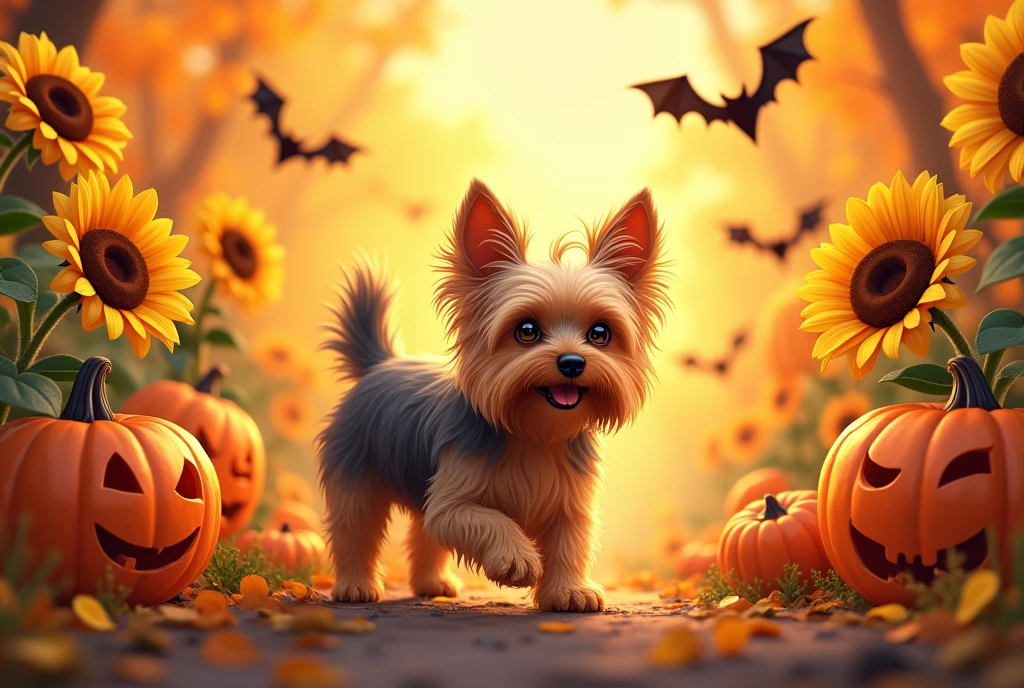 Yorkshire terrier, sunflowers, autumn, helloween, Pumpkins, bat