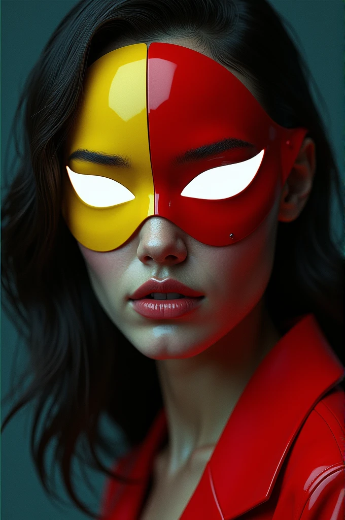 Megan fox wearing a yellow and red mask covering her eyes with white lenses