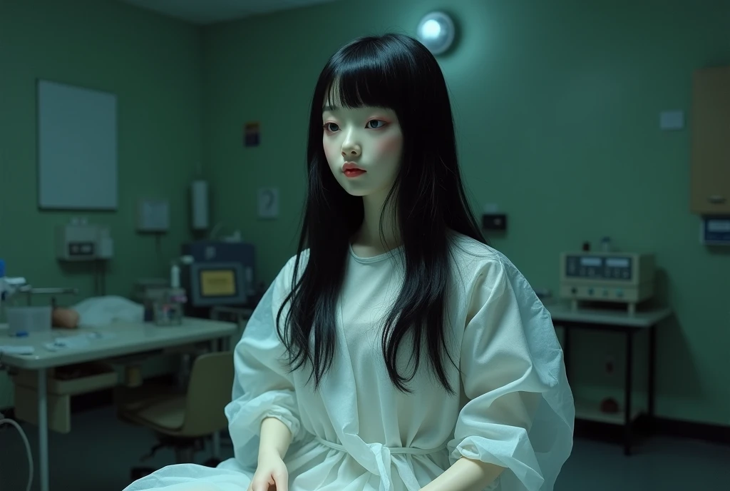 Taking pictures secretly、Hidden camera footage、Super Real、Exquisitely crafted Japanese semi-long black hair(((Stuffed Animal Girl)))、A white surgical gown made of thin, almost transparent material、Dimly lit human taxidermy studio、Abandoned Hospital、operating room