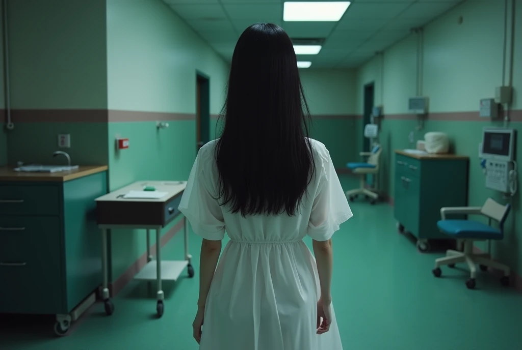 Taking pictures secretly、Hidden camera footage、Super Real、Exquisitely crafted Japanese semi-long black hair(((Stuffed Animal Girl)))、A white surgical gown made of thin, almost transparent material、Dimly lit human taxidermy studio、Abandoned Hospital、operating room