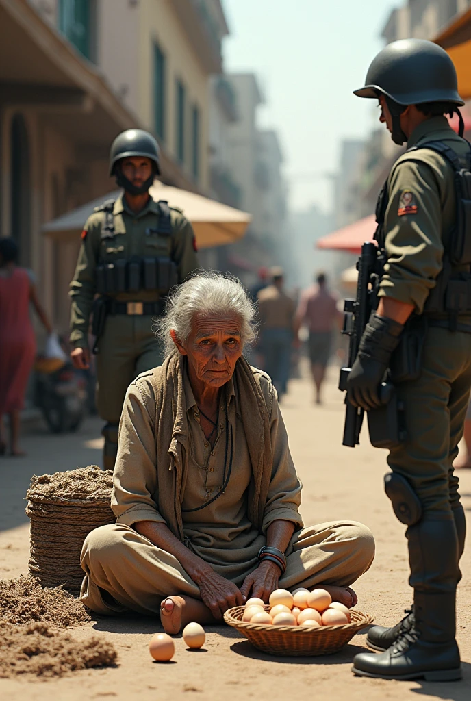 An old woman sits selling eggs and some fabrics on the floor of a busy square and two guards approach her to talk to her.