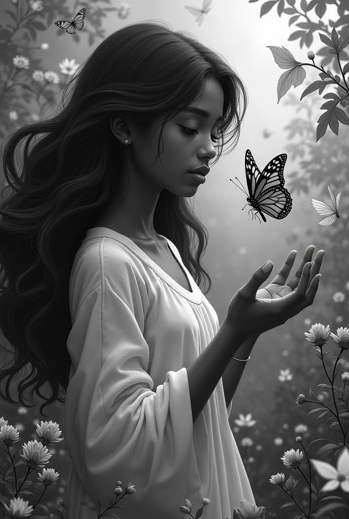 Dark skinned girl with black hair talking to a butterfly in the garden in black and white